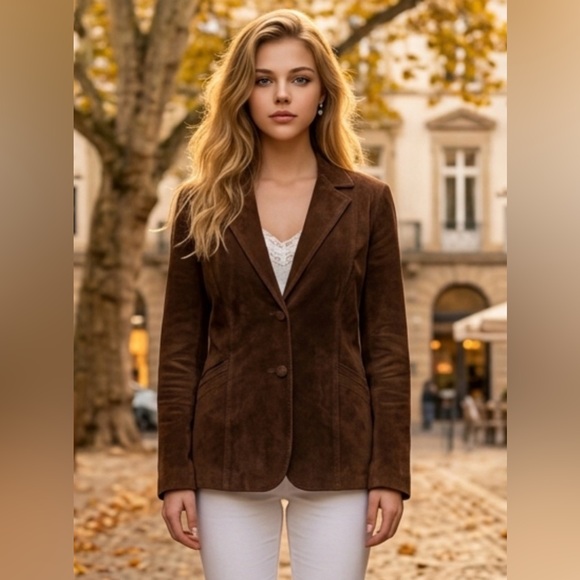 Jackets & Blazers - Brown Suede Women's Blazer Jacket - Classic Tailored Style